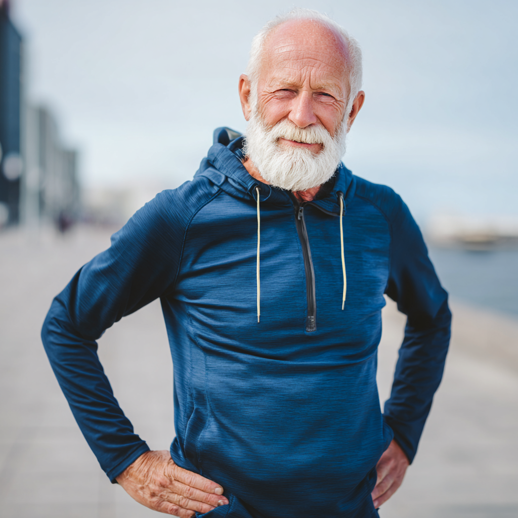 Confident elderly European man practicing breathing exercises in nature, smiling peacefully with eyes closed