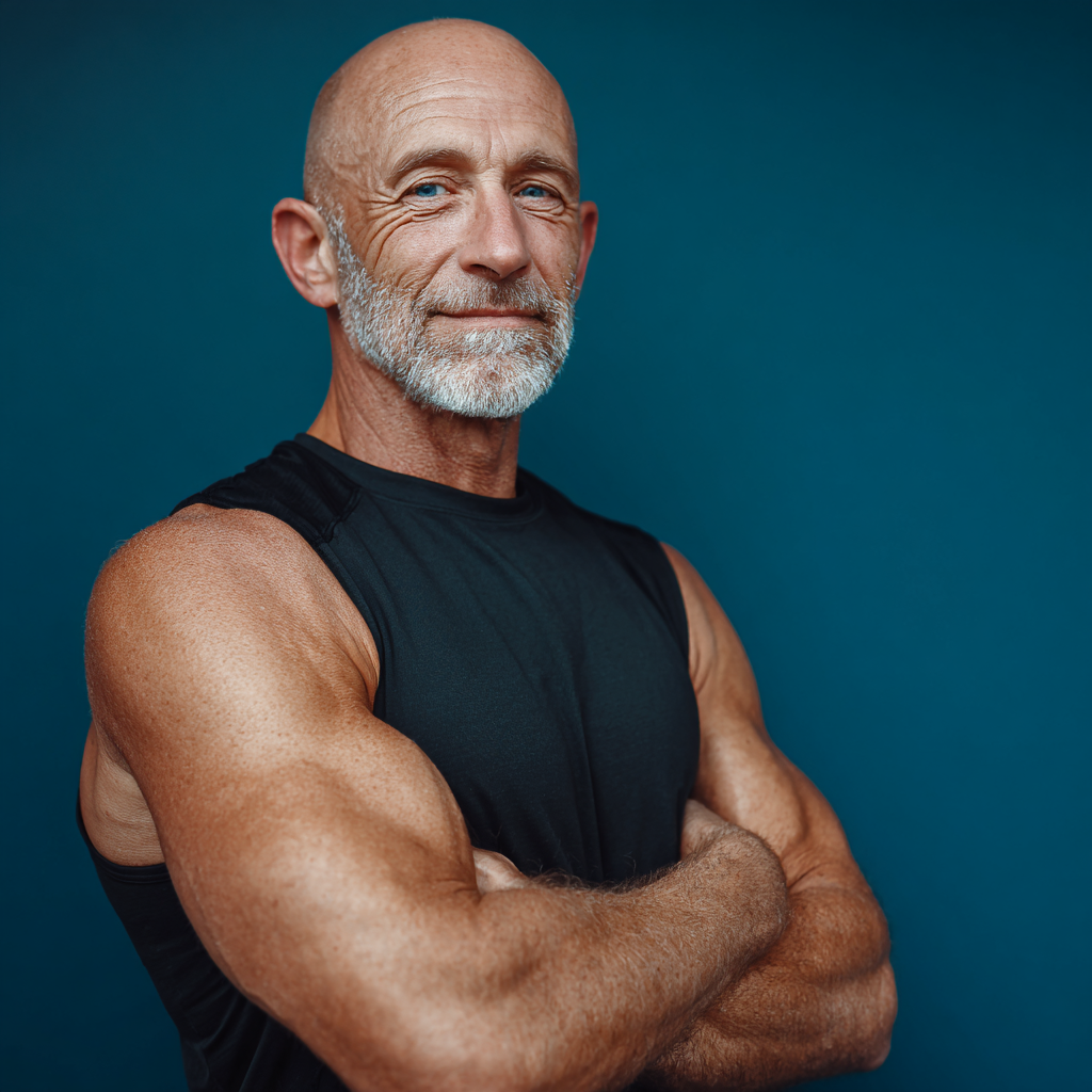 Elderly European man in meditation pose outdoors, showing peaceful strength and emotional balance